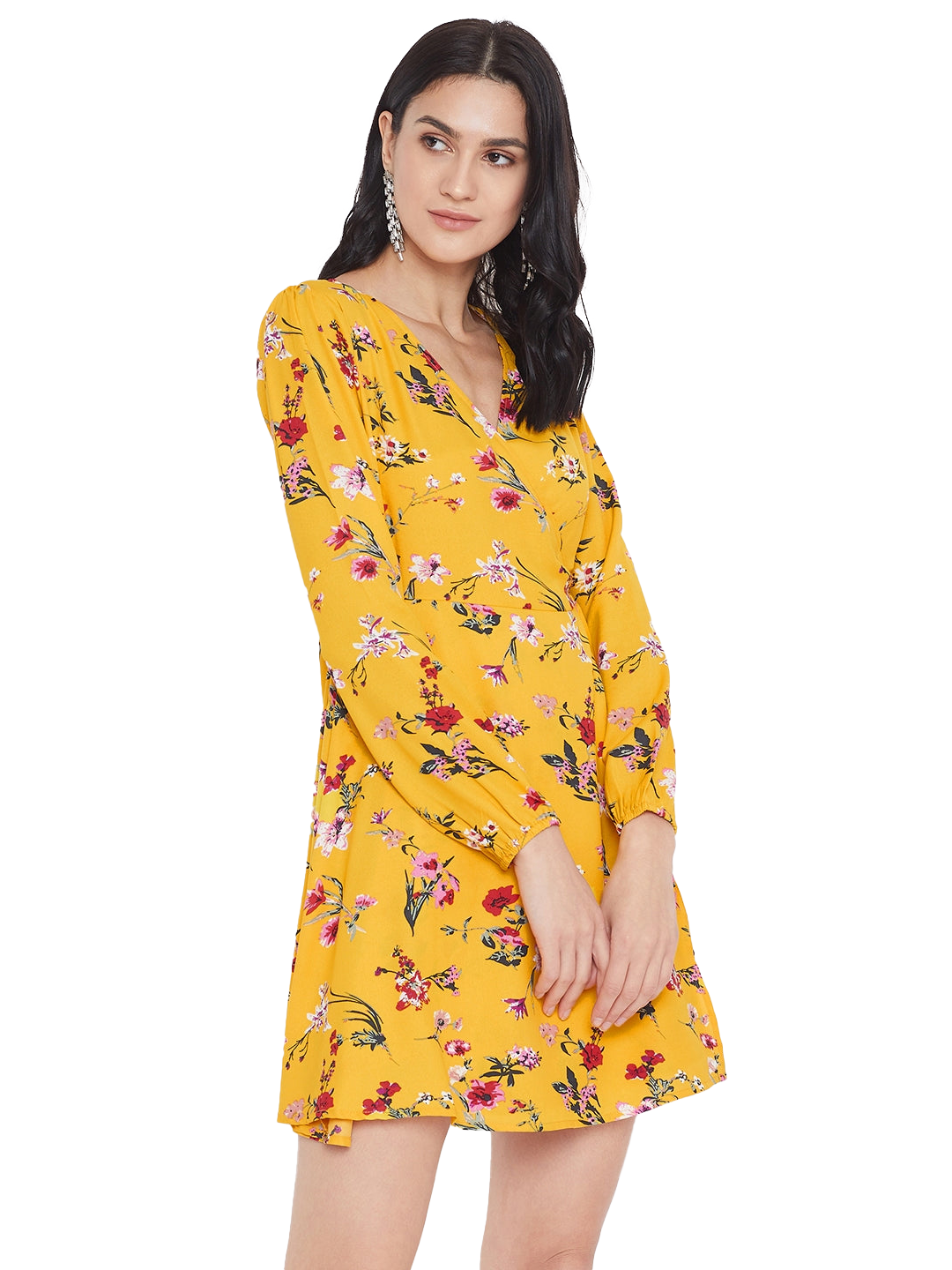 Women Floral Printed A Line Wrap Mini Dress