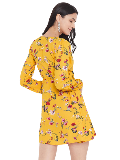 Women Floral Printed A Line Wrap Mini Dress