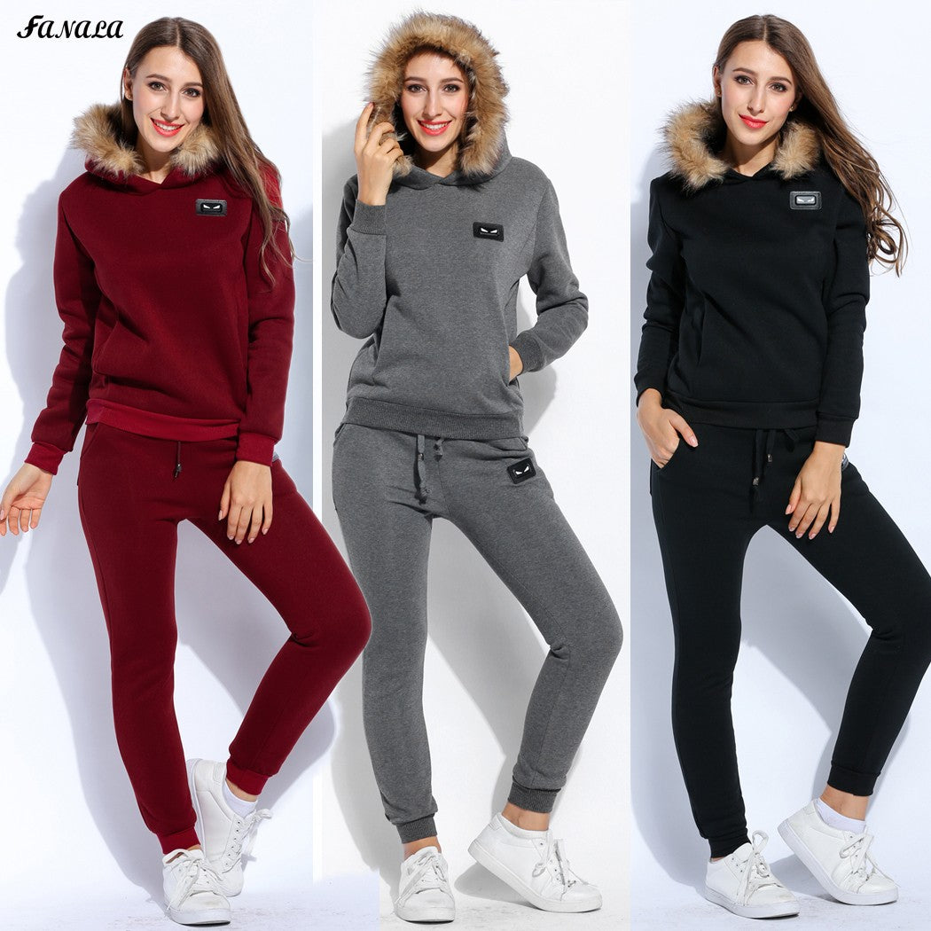 2017 Winter Tracksuits Women Thicken Sweatshirt Hoodies Solid Long Sleeve Pullovers Sweatshirt and Pants Set Slim Women Suit Top