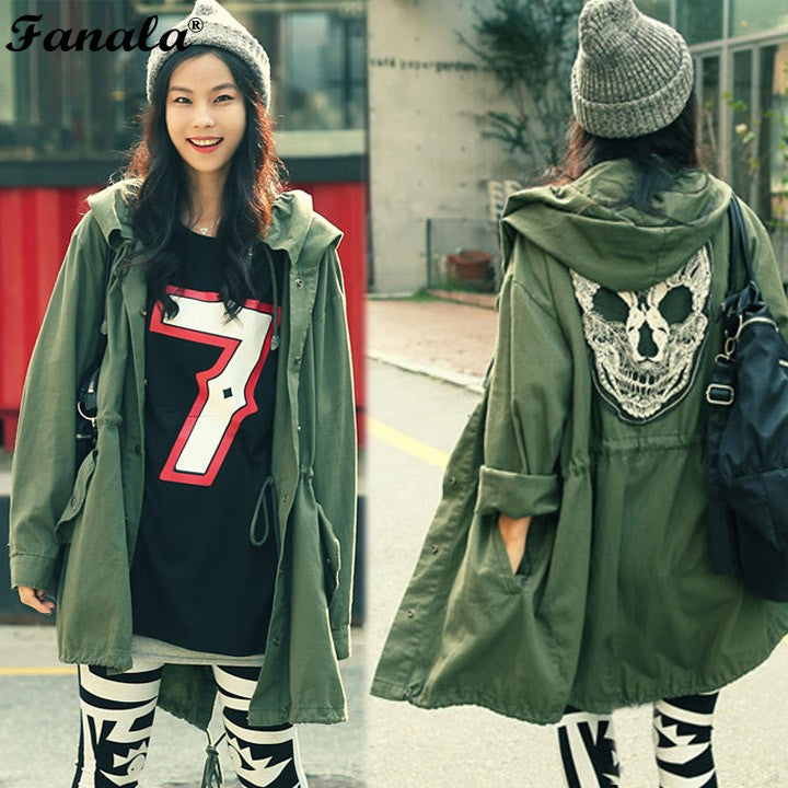 2017 Women Coat Back Skull Army Green Loose Hooded Trench Coats Single Breasted Long Casual Solid Color Outerwear